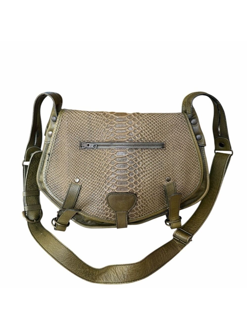 Aridza Bross Leather Abaco Jamily Python Olive Green Textured Crossbody Flap Bag